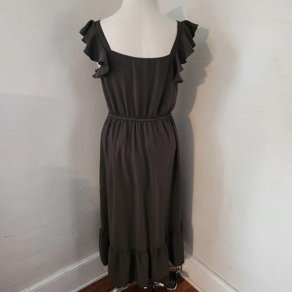 Indigo Rose Olive Green Ruffle Flutter Sleeve Button Front Midi Dress Large L - Picture 2 of 5